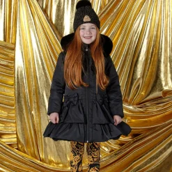 A Dee Girls Black Padded Ruffle Hooded Coat