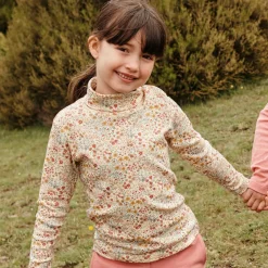 Petit Bateau Girls Ivory Cotton Floral Roll Neck Top Online