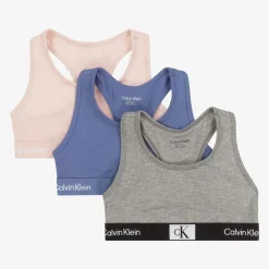 Calvin Klein Girls Pink & Blue Cotton Cropped Tops (3 Pack) Clearance