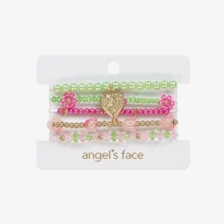 Angels Face Girls Pink & Green Bead Bracelets (5 Pack) Hot