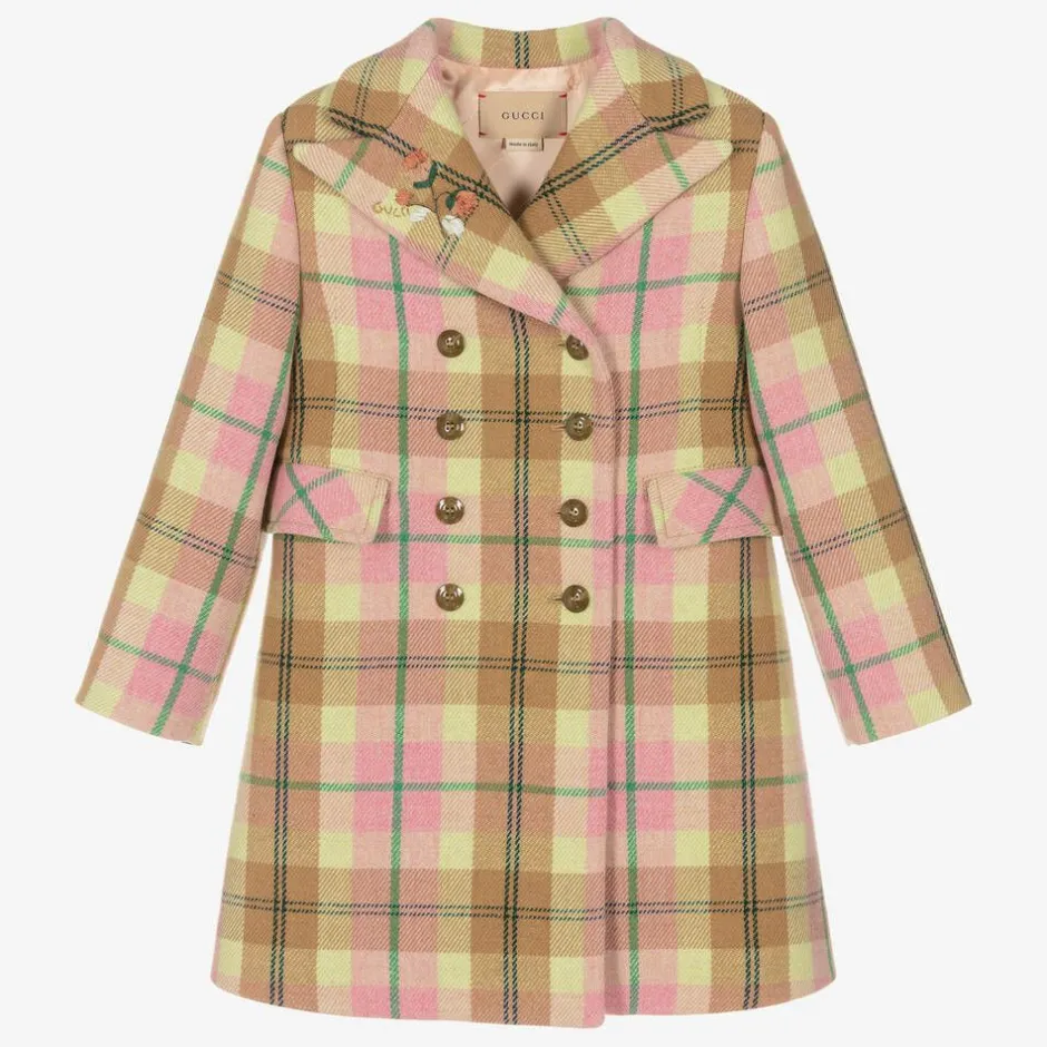 Gucci Girls Pink Check Wool Coat New