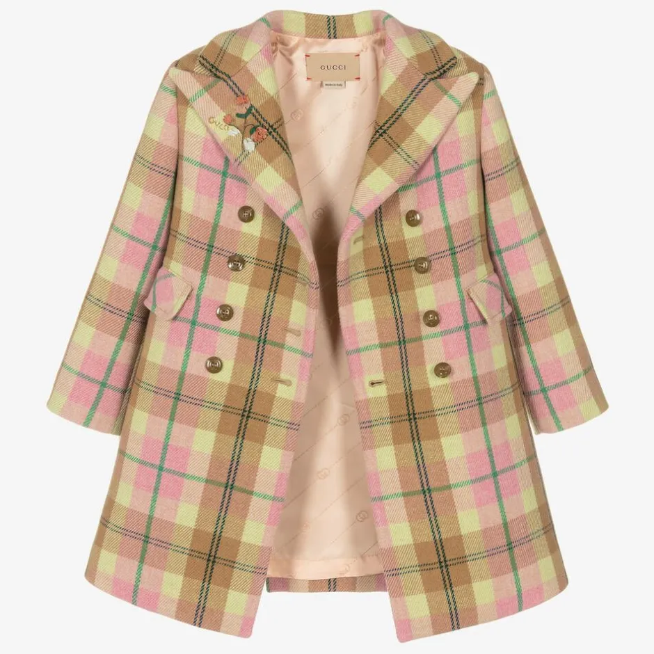 Gucci Girls Pink Check Wool Coat New