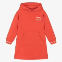 KENZO KIDS Girls Red Cotton Hooded Sweatshirt Dress New