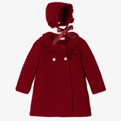 Foque Girls Red Knitted Pram Coat & Bonnet Set Clearance