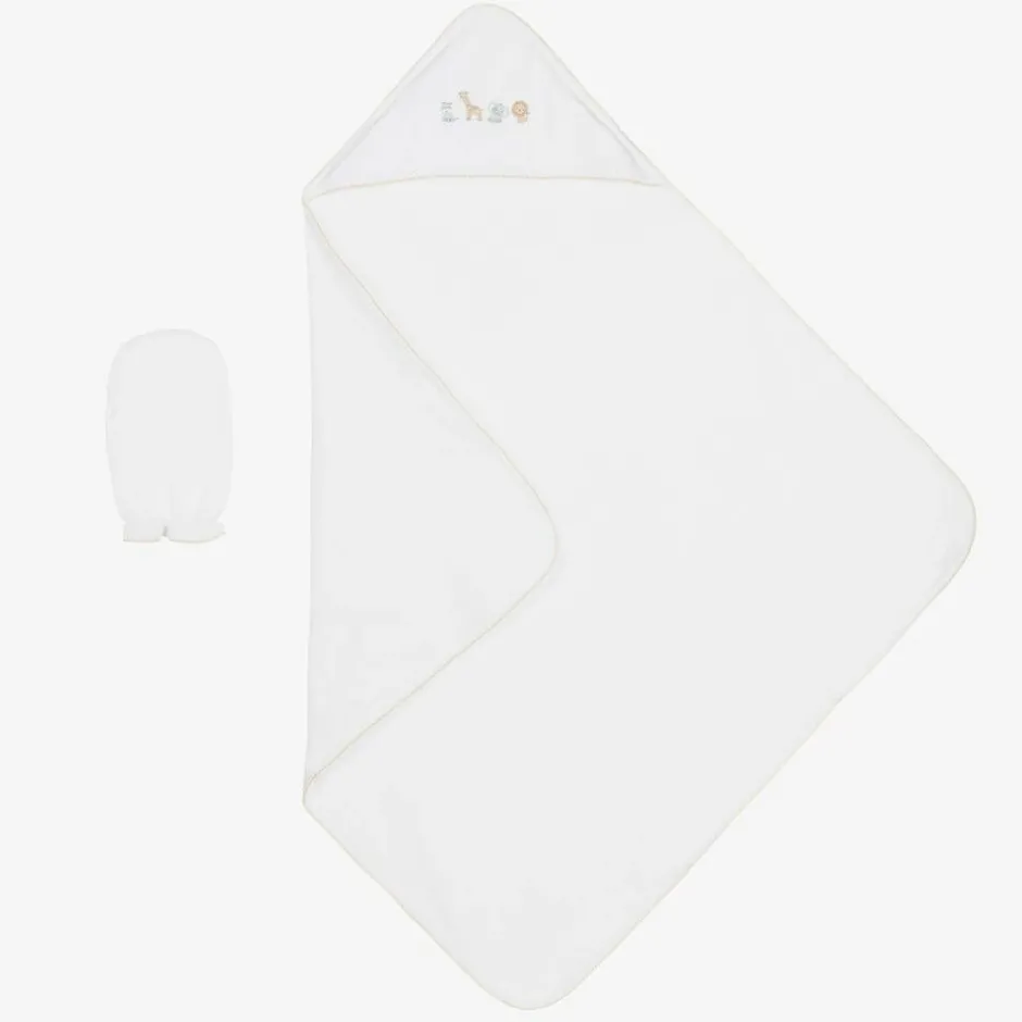 Kissy Kissy White Safari Squad Hooded Towel & Mitt Set New